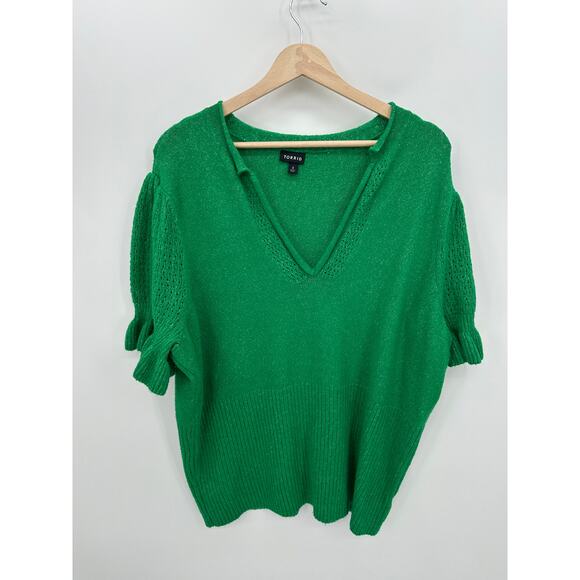 torrid Sweaters - Torrid Green Vegan Cashmere Pullover V-Neck Ruffle Elbow Sleeve Pullover Sweater